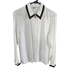 Vintage Montaldo's White Black Contrast Trim Blouse Gold Button Size 10 USA Made